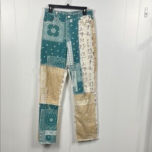 SHEIN Womens Patchwork Jeans M Teal Beige  Bandana Print Raw Edges Boho Fun EUC